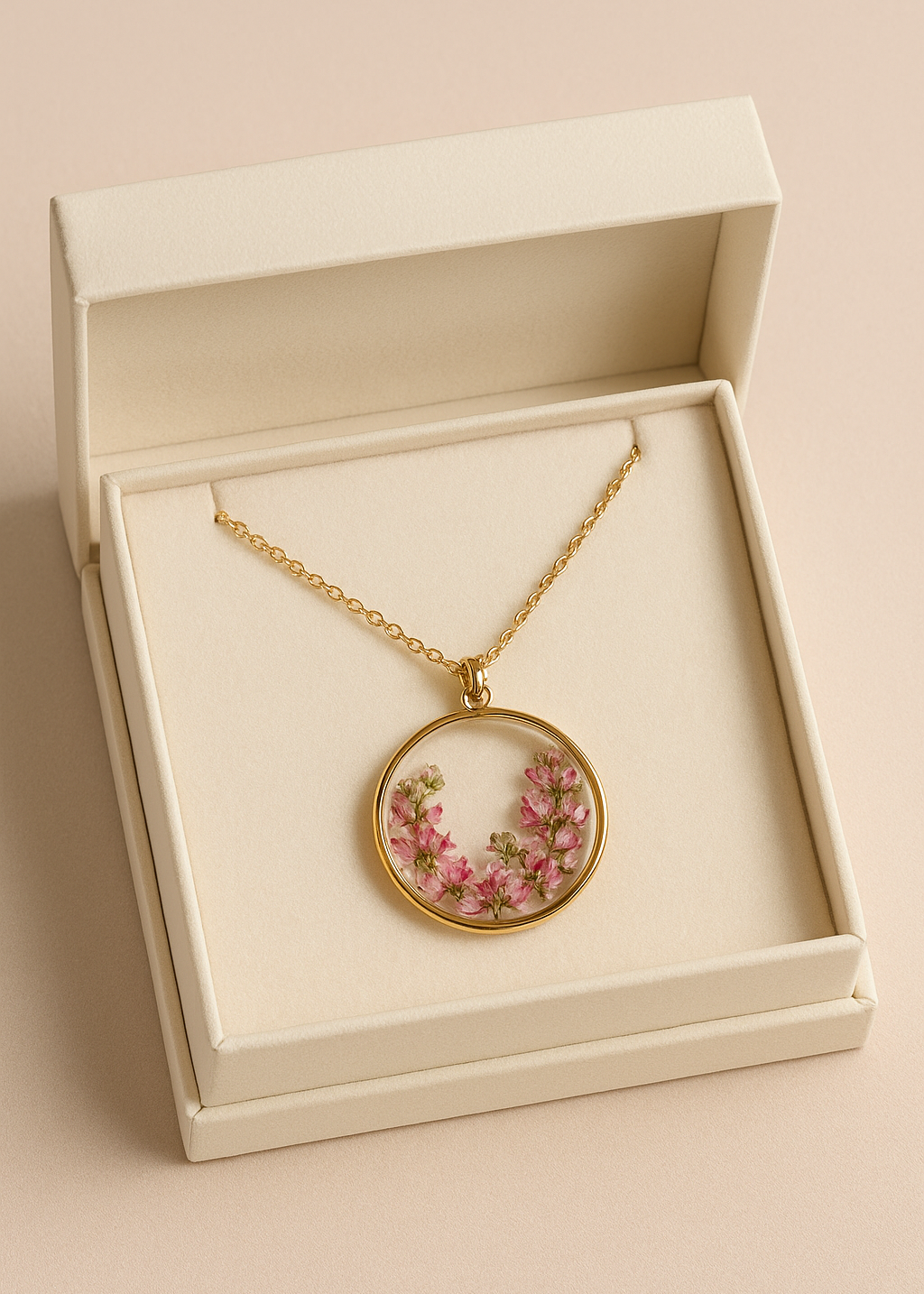resin flower necklace with real dried flowers box heather