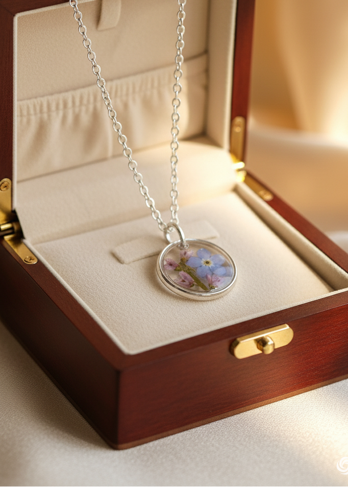 Necklace with a floral pendant in an open jewelry box