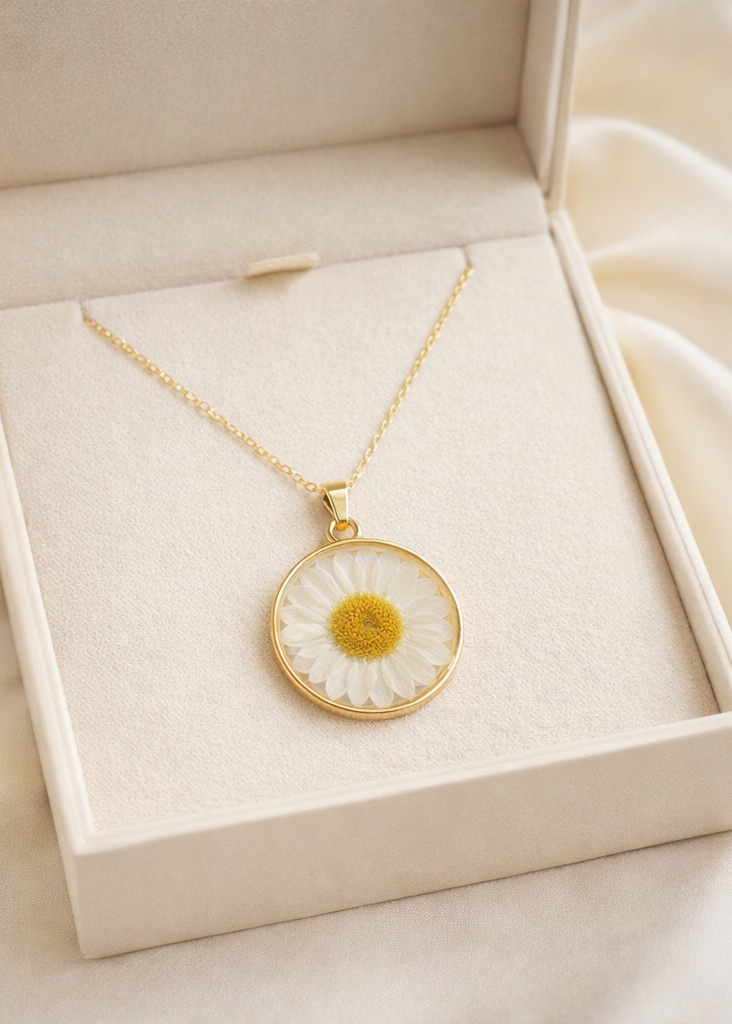 Gold necklace with a daisy pendant in an open box on a beige fabric background