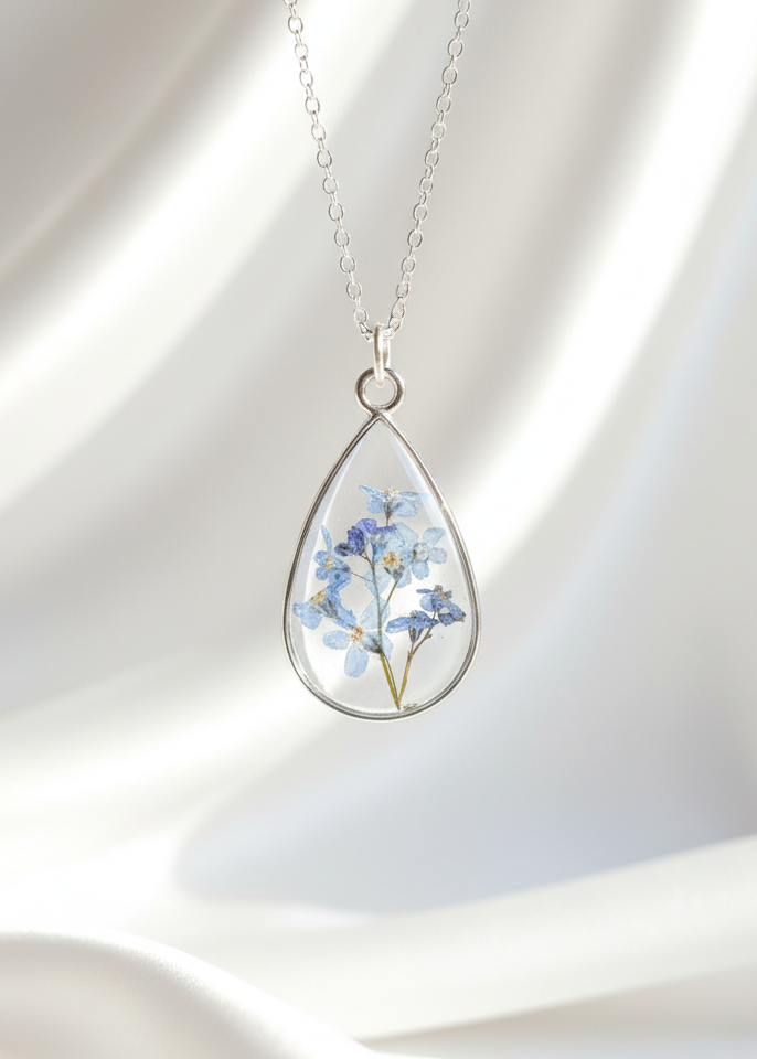 resin flower necklace with real dried flowers gift present silver forget me not