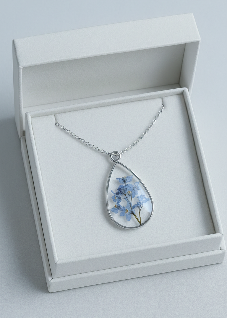 resin flower necklace with real dried flowers present gift box