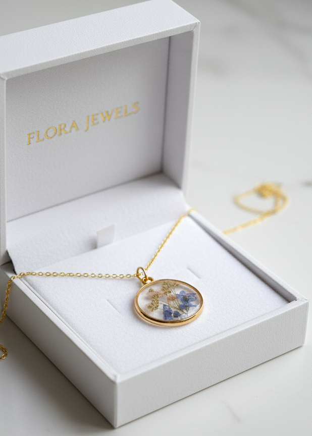 resin flower necklace with real dried flowers giftbox present