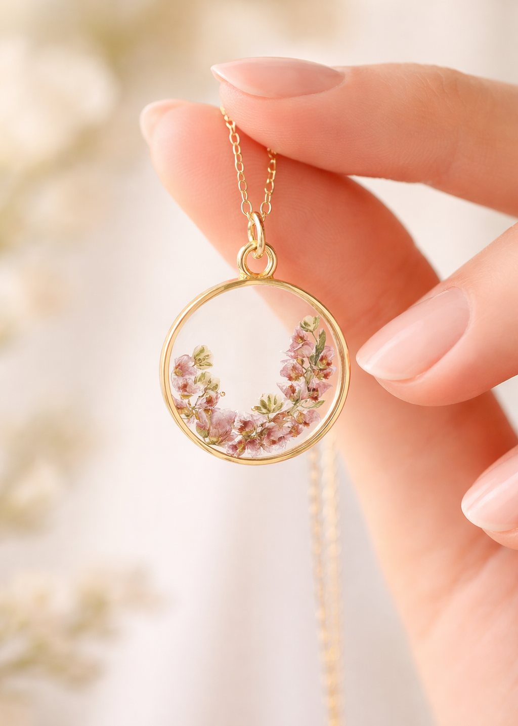 Hand holding a gold necklace with a clear pendant featuring dried flowers against a blurred background