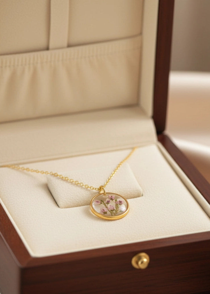 resin flower necklace with real dried flowers box