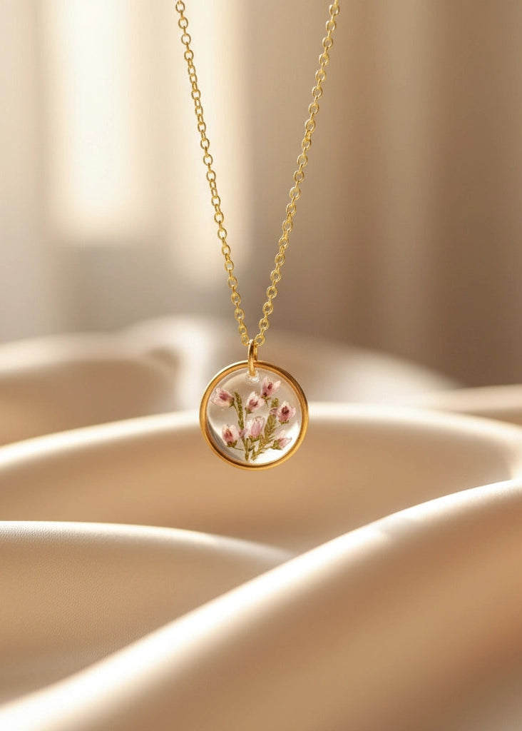 resin flower necklace with real dried flowers heather minimal