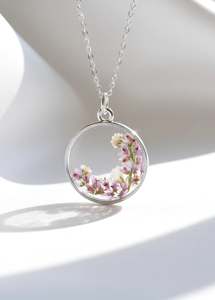 resin flower necklace with real dried flowers silver present
