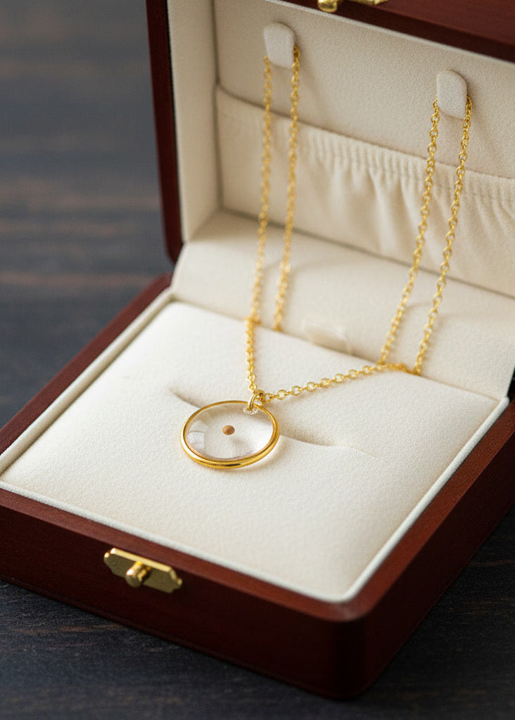 Gold necklace with a circular pendant in an open jewelry box.