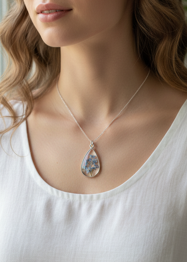 resin flower necklace with real dried flowers white dress present